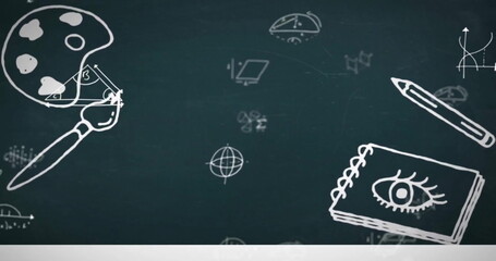 Image of school items icons over mathematical equations