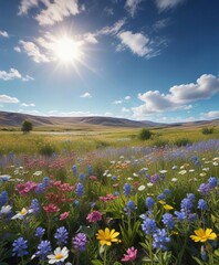 Obraz premium Open field with wildflowers and a bright blue sky , blue sky, flower-filled meadow