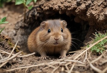 A young water vole peeking out of its burrow on the riverbank , rodent, semi-aquatic
