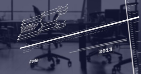 Image of data processing and diagrams over office