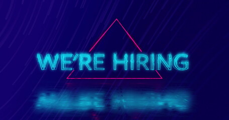 Image of we're hiring neon text over neon pattern on dark background