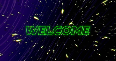 Image of welcome neon text over light trails on dark background