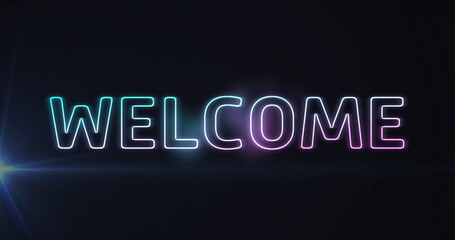Obraz premium Image of welcome neon text over light trails on dark background