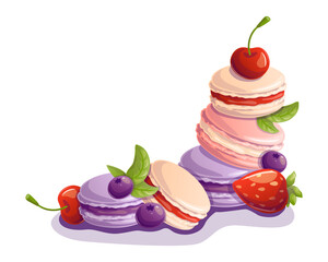 Macaroon cookies with strawberry and blueberry on white background. Vector illustration.
