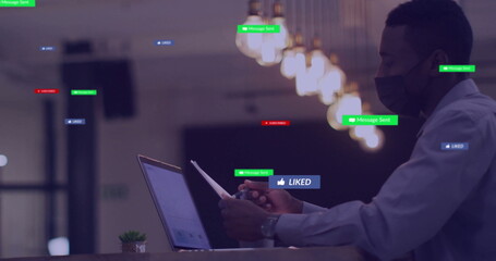 Image of text and data processing over diverse businessman in office