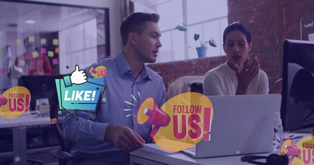 Image of text and data processing over diverse business people in office