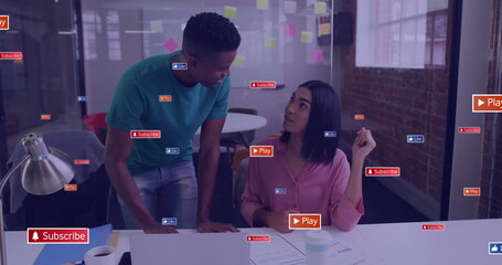 Image of text and data processing over diverse business people in office