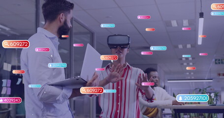 Image of text and data processing over diverse business people in office