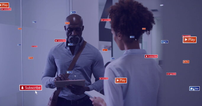 Image of text and data processing over diverse business people in office