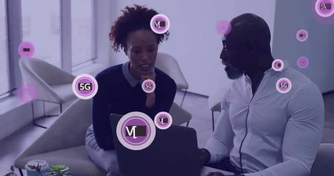 Image of 5g, 4g text and data processing over diverse business people in office