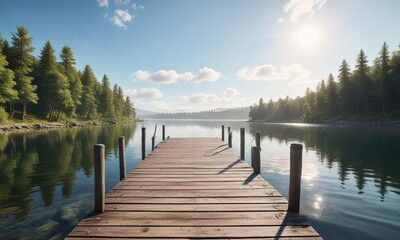 Naklejka premium Pier extending into a serene lake on a sunny day, outdoor scene, water reflection