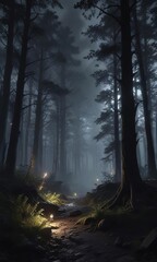 Fototapeta premium Dark and foreboding forest with glowing lights in the background, forest, woods, twilight