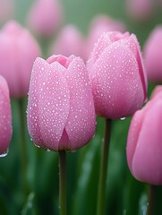 Fototapeta premium Close-up of fresh pink tulips adorned with droplets of water, showcasing their delicate petals and vibrant color against a soft, blurred green background.