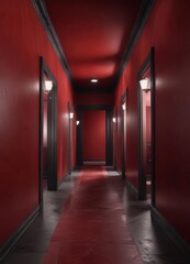 Long corridor with crimson walls and a dark, endless path ahead, dark mysterious end, long corridor