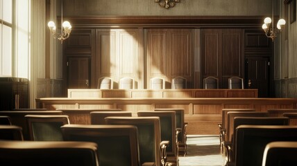 Sunlit empty courtroom with wooden chairs and paneling