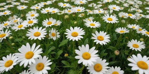 A group of daisies with chocolate-brown petals and white centers in a lush green meadow, brown daisies, meadow scene, natural landscape