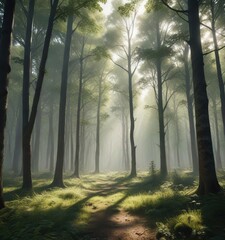 Abstract representation of a peaceful forest with blurred trees, scenery, serene, abstract