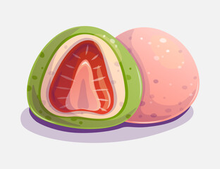 Japanese dessert mochi with strawberry on white background. Vector illustration.
