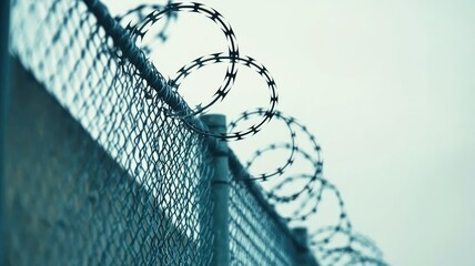 Barbed wire on metal fence, security, industrial setting