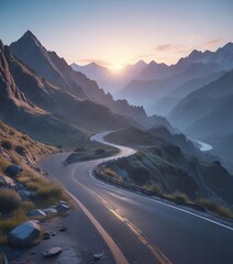 Soft blue hues of dawn over a mountain range with a winding road , mountain range, dawn, winding road