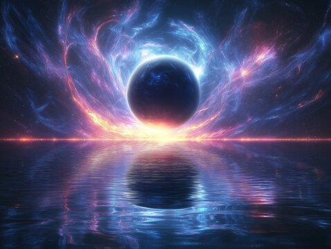 Vast space nebula surrounds planet. Nebulos filaments swirl around celestial body. Reflecting water mirrors cosmic scene. Cosmic view. Celestial space. Energetic colors. Planet at horizon. Water