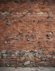 old brick wall with cracks and missing bricks , crumbling facade , deterioration, natural aging process