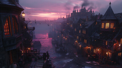 Enchanting Steampunk Cityscape at Sunrise with Vibrant Colors and Atmospheric Lighting, Showcasing Intricate Architecture and Vintage Elements Reflecting on the Water