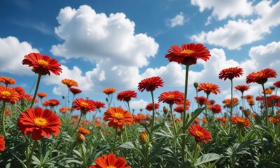 Red marigold flowers against a blue sky with white clouds, blue sky, sunny day, garden beauty
