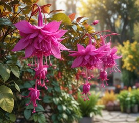 Closeup of fuchsia Riccartonii flowers in autumn garden details , closeup, garden, petals