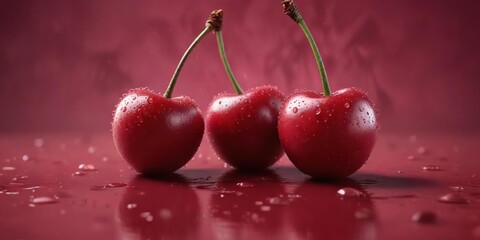 A vibrant cherry with water droplets glistens on a dark pink surface, still life, bright red cherry, fruit