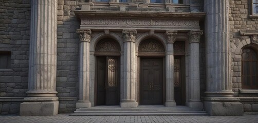 A grand stone entrance with two columned flanks and an ornate doorway , flanks, architecture