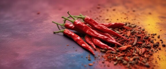 Obraz premium Dried red cayenne pepper against a colorful background, cayenne, contrast, spiciness