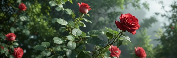 Red rose in full bloom on a leafy stem with surrounding leaves, flower, branch, petal