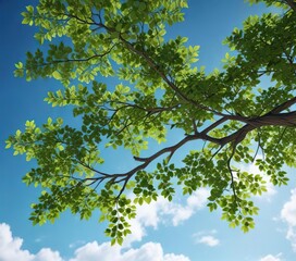 Fototapeta premium A sturdy tree branch, adorned with vibrant green leaves, stretches out against the brilliant blue of the sky, with subtle shadows, outdoor scene, rugged beauty