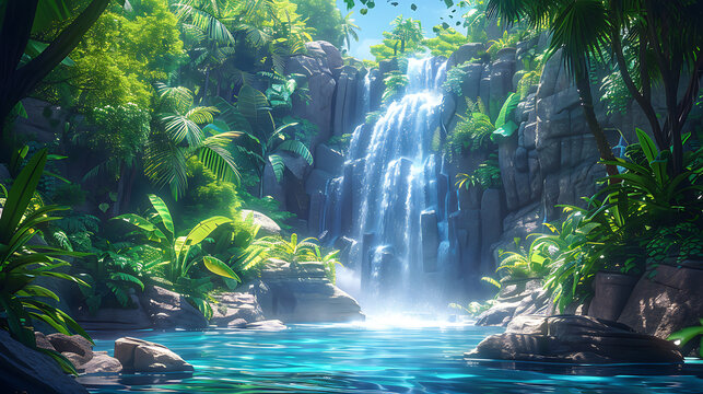 Serene Tropical Rainforest Waterfall Surrounded by Lush Greenery and Vibrant Flora with Tranquil Pool at the Base for Nature Lovers and Adventure Seekers