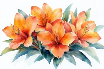 Obraz premium A vibrant watercolor painting of orange lilies surrounded by green leaves.