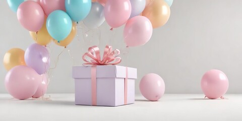 Pastel-colored gift box with balloons on white background , celebration, gift wrapping