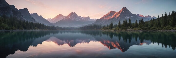 Serene lake waters reflecting a majestic mountain peak at dawn, outdoor scene, atmospheric photography