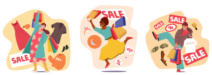 Crazy people shopaholic comic cartoon characters feeling pleasure shopping with sale at clothes shop