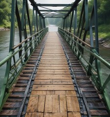 River crossing with a sturdy steel bridge made of green metal and wooden flooring, river crossing, wooden floor, boat