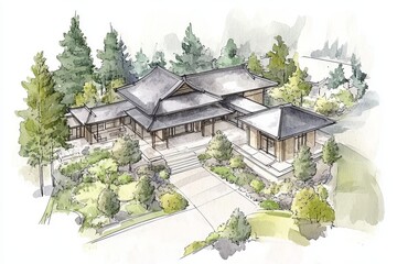 Artistic hand-drawn modern landscapes blending oriental and European influences, featuring vibrant colors and dynamic design