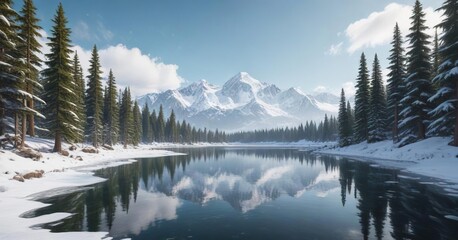 Fototapeta premium Snowy mountain range with towering evergreen trees covered in thick layer of fresh snow and frozen lake in the distance, natural wonder, serene landscape