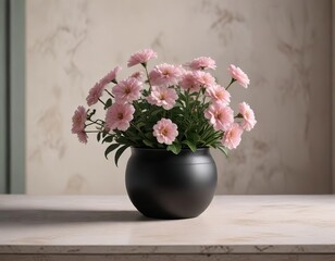 Small dark pot with pale pink flowers on a ceramic table, pale pink flowers, ceramic table, floral arrangement
