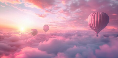 Obraz premium Hot air balloons floating above fluffy clouds during sunset, creating a serene and dreamy atmosphere in pastel colors. Adventure and travel concept.