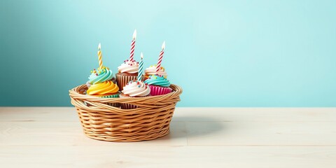 Fototapeta premium Colorful birthday cupcakes in a wicker basket on a light-colored wooden table against a soft blue backdrop, decoration, party favors, treats