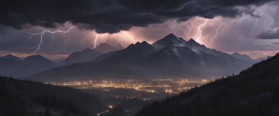 A dramatic stormy sunset over Mt Larrabee with dark clouds and flashes of lightning illuminating the surrounding mountains, mt larrabee, wild west landscape