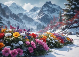 Mountain snowfall amidst vibrant floral arrangement, flowers, alpine flowers