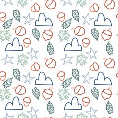 Seamless Pattern Doodle Nature Mountain Acorn Forest. Background Forest Leaves Acorn Colorful Pattern. Wallpaper Doodle Nature Mountain Acorn Repeat Illustration Fabric Motif. 