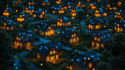 Aerial view of a residential area at night showcasing illuminated houses, streets, and tranquil neighborhoods symbolizing urban life, comfort, and the peacefulness of modern living under the night sky
