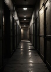 dimly lit prison hallway with empty cells on either side, metal grates, empty spaces, cold